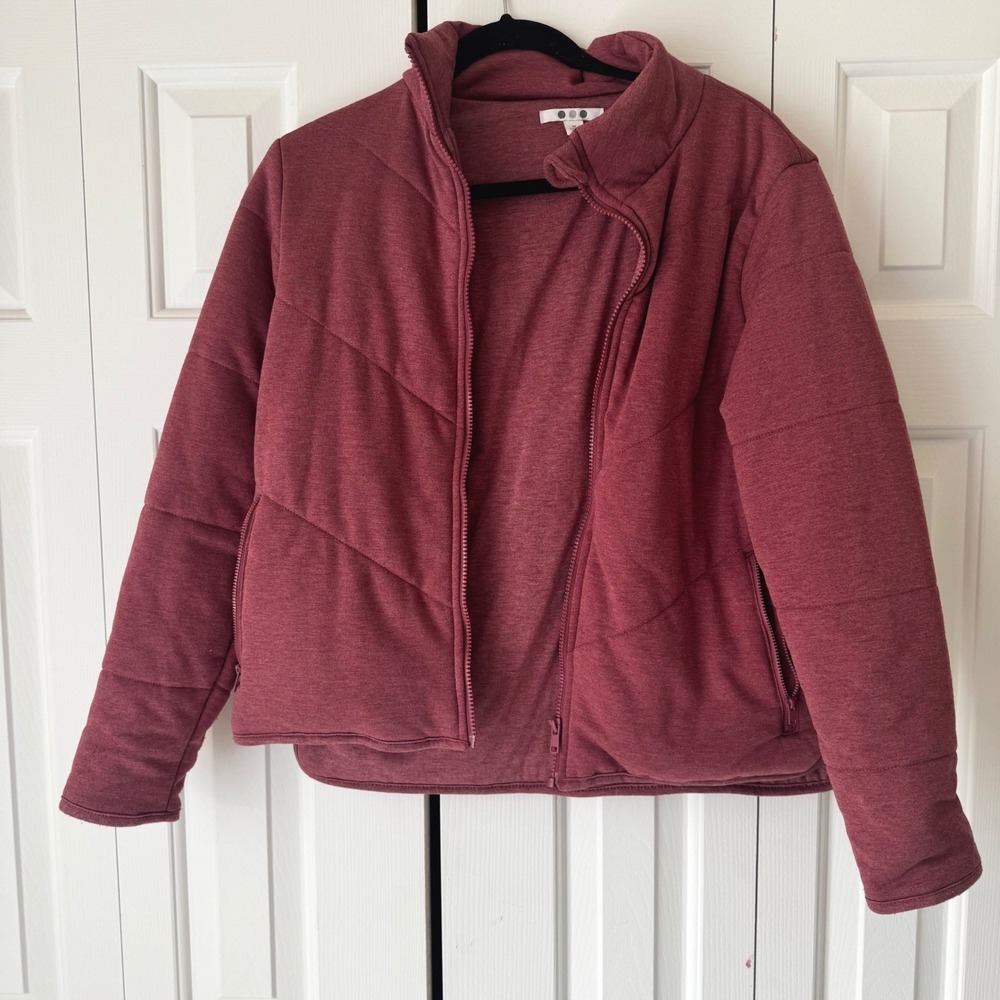 Three Dots Womens Quilted Puffer Jacket Burgundy Heather Full Zip Coat Medium